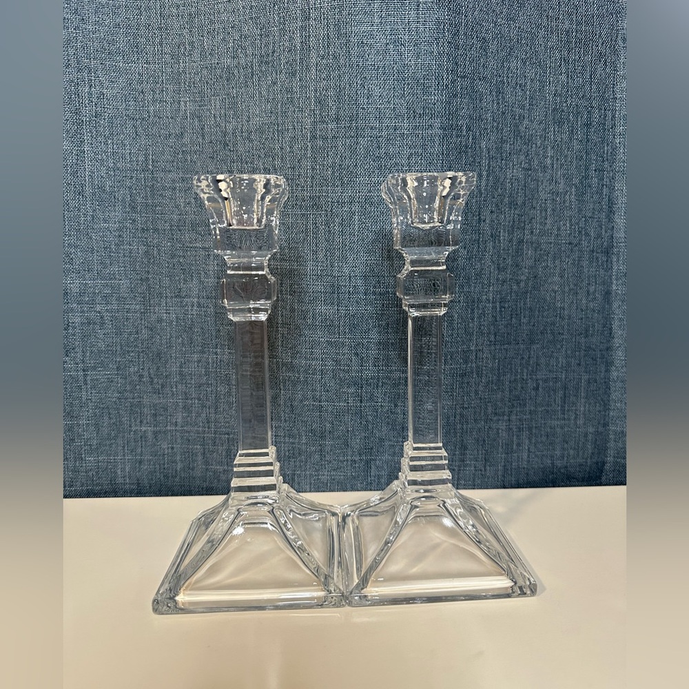 Contemporary Elegant‎ Clear Glass Taper Candle Holders 8" Tall Set of 2